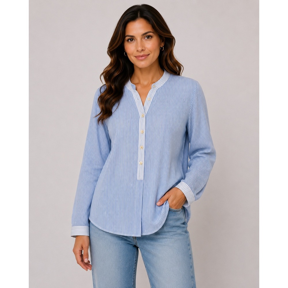J. Jill Henley Tunic Large Blue White Pinstripe Coastal Preppy‎ Casual Light